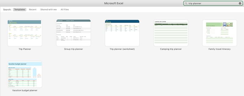 Excel trip planner visualization