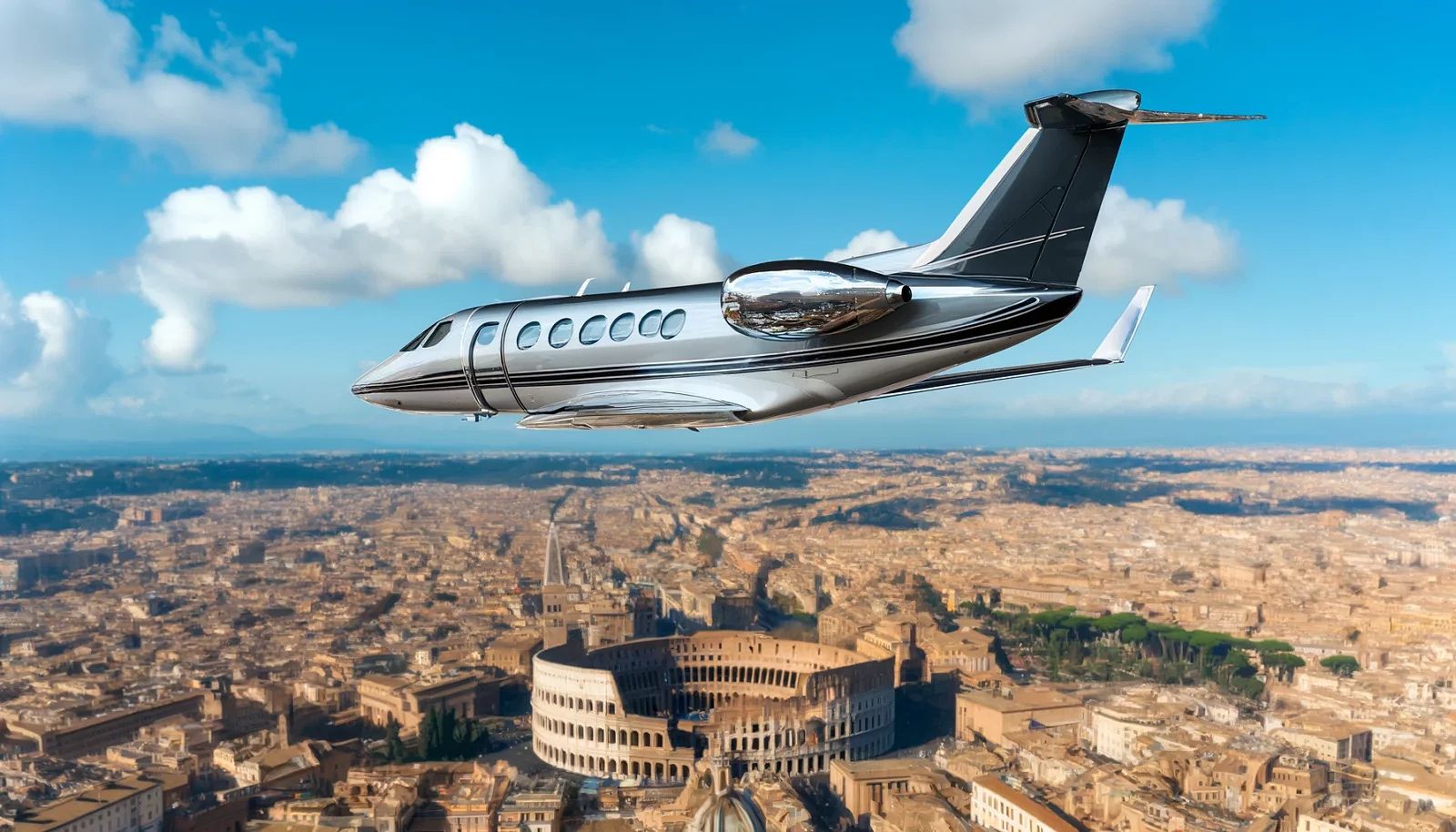 Private jet flying over Rome